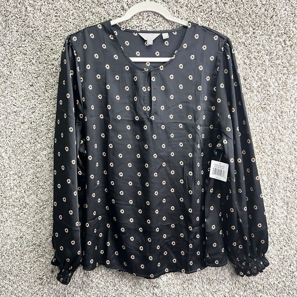 Ted Baker Top Women’s XL Black with‎ Mini Floral Flower Print Long Sleeve NWT